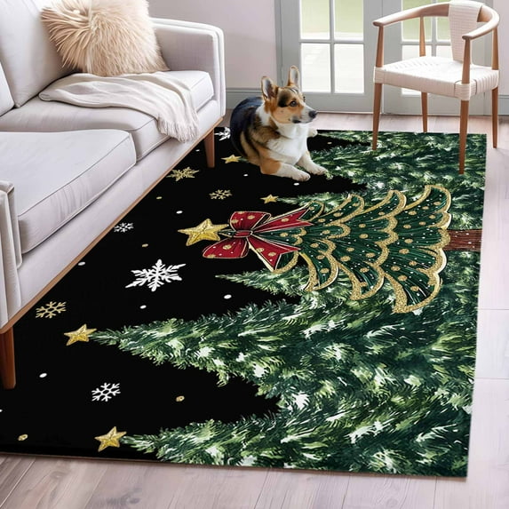 Black Christmas Area Rugs 3'x5', Washable Small Throw Rugs for Living Room Bedroom, Snowflake Xmas Christmas Tree Indoor Outdoor Rug Non-Slip Low Pile Carpet Runner Reversible Floor Mats