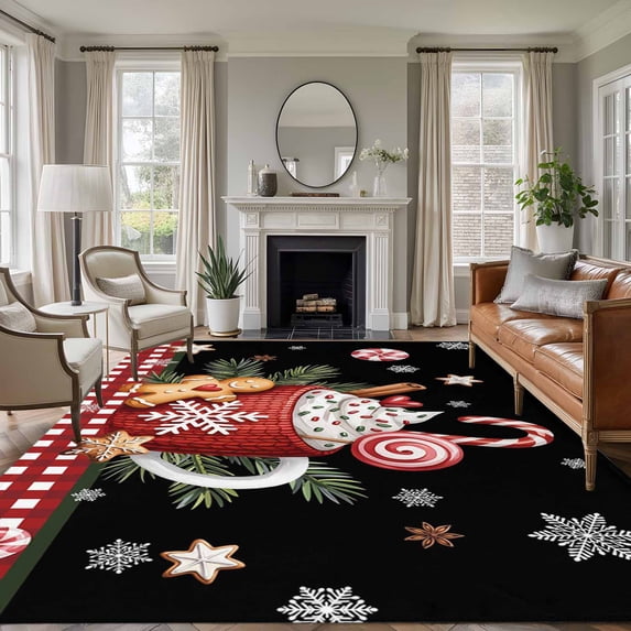 Black Christmas Area Rugs 5'x7', Washable Small Throw Rugs for Laundry Room Playroom, Ice Cream Snowflakes Pine Needles Check Indoor Outdoor Rug Non-Slip Low Pile Carpet Runner Reversible Floor Mats