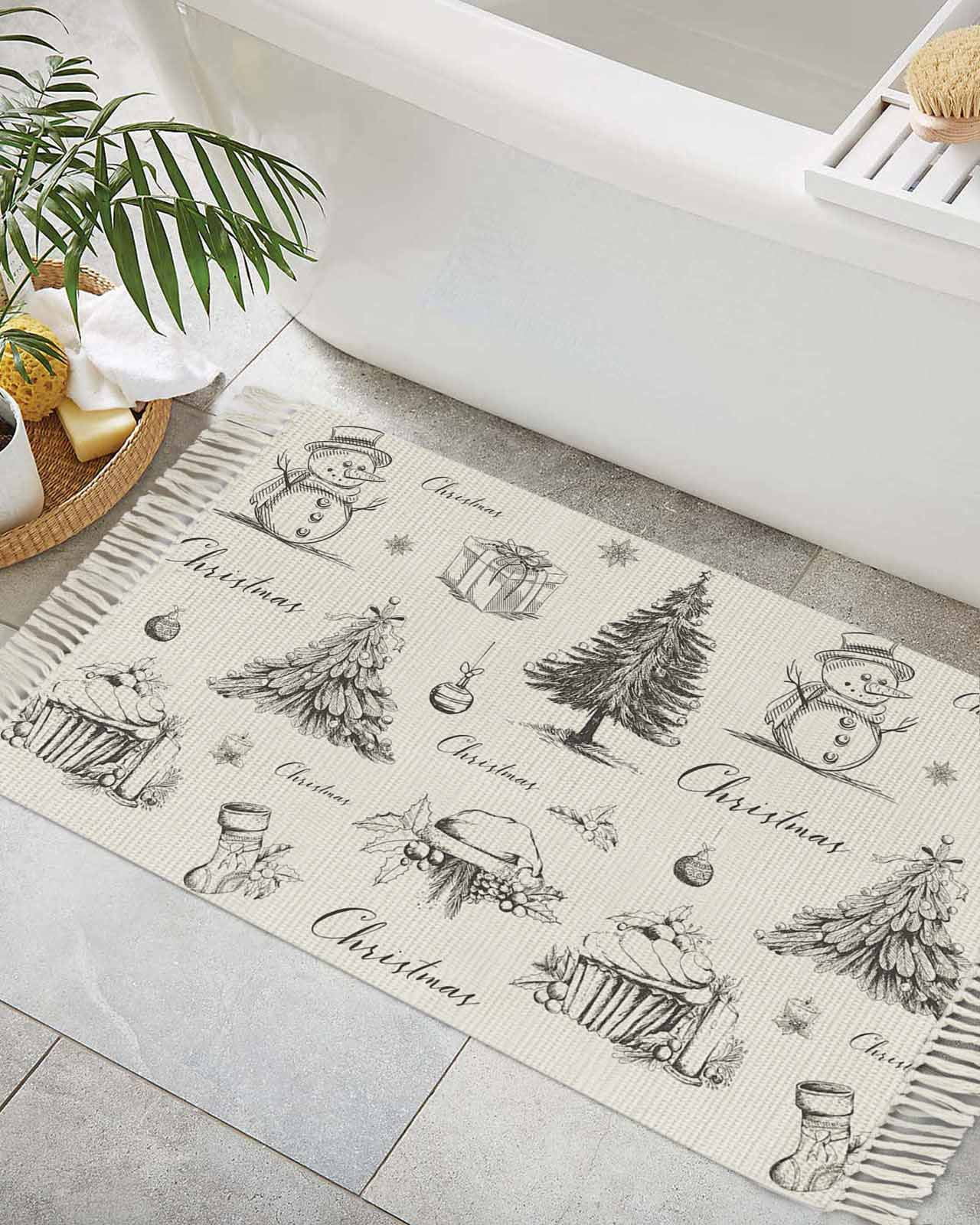 Black Christmas Bathroom Rug 2'x3', Woven Cotton Area Rug with Tassels