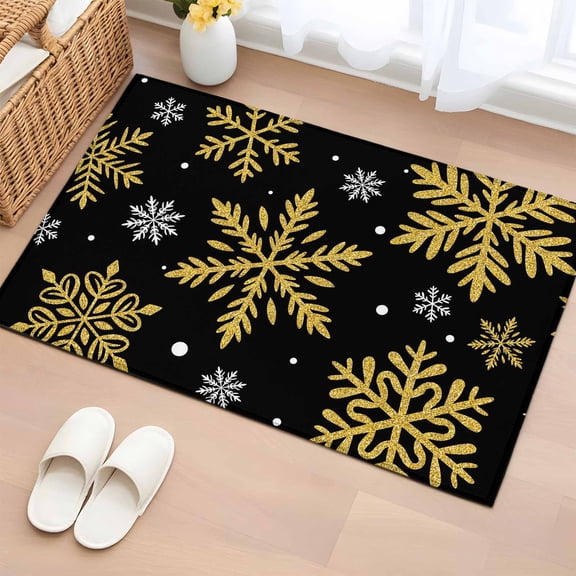 Black Christmas Bathroom Rug Washable 2x3 Entryway Rug Non Slip Winter Xmas Snowflakes Textured Front Door Mat Low Pile Indoor Doormat Throw Floor Carpet for Kitchen Bedroom Entrance