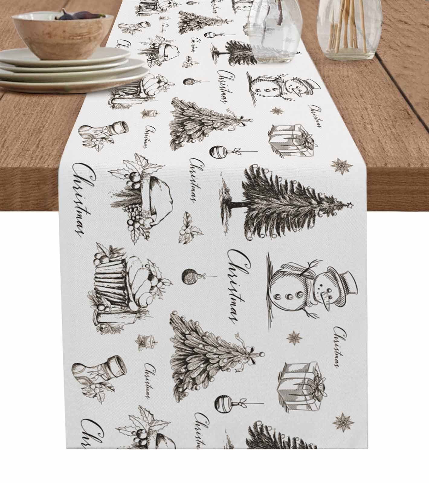 Black Christmas BurlapCotton Table Runner 120 Inches Long,Snowman Xmas
