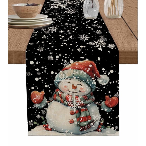 Black Christmas Burlap-Cotton Table Runner 120 Inches Long,Xmas Snowman Snowflake Vintage Farmhouse Table Runners,Outdoor Dining Tablecloths Decor for Baby Shower Party Wedding 13x120