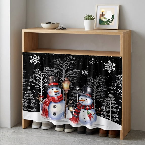 Black Christmas Cabinet Curtain 35"Wx35"L, Dustproof Under Sink Skirt with Self Adhesive Tape, Winter Snowman Xmas Tree Snowflake Cabinet Curtain Cover for Kitchen Sink, Bathroom Vanity, Laundry Room