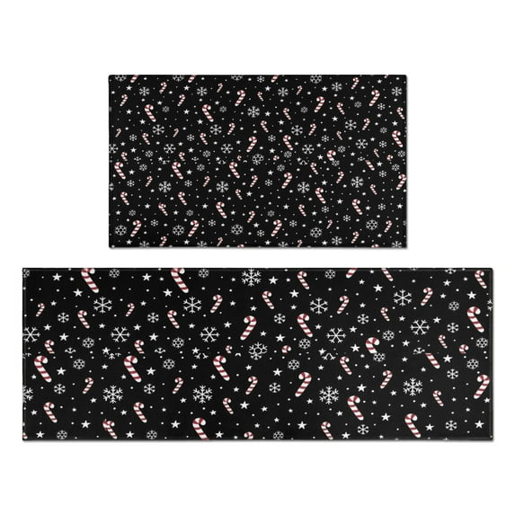 Black Christmas Candy Cane and Snowflake Pattern Kitchen Rugs Sets Of 2,Anti Fatigue Kitchen Mat Rugs Non Slip Washable,Decorative Kitchen Floor Mats for Kitchen,Sink,Laundry,17"x30"+17"x47"