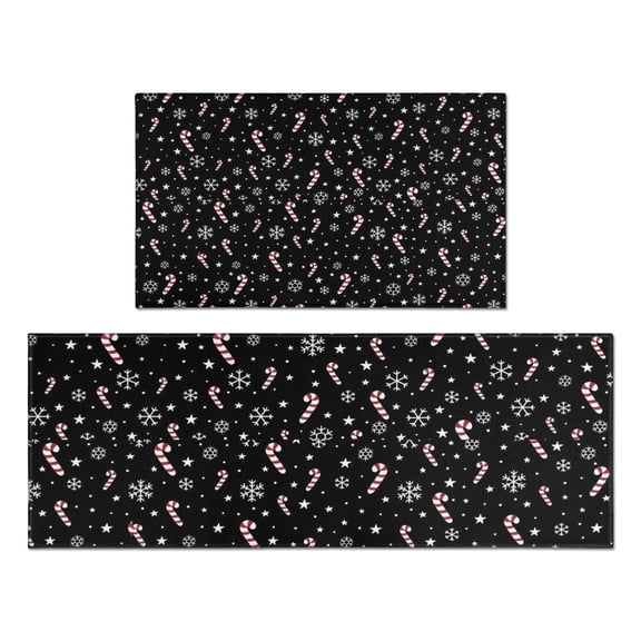 Black Christmas Candy Cane and Snowflake Pattern Kitchen Rugs Sets Of 2,Anti Fatigue Kitchen Mat Rugs Non Slip Washable,Decorative Kitchen Floor Mats for Kitchen,Sink,Laundry,17"x30"+17"x47"