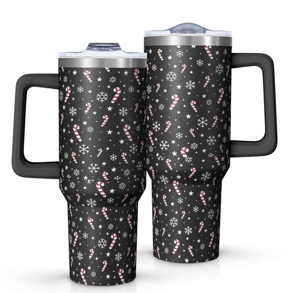 Black Christmas Candy Cane and Snowflake Pattern Tumbler with Handle and Lid,40oz Double Wall Vacuum Insulated Tumbler,Cups Gift for Women and Men