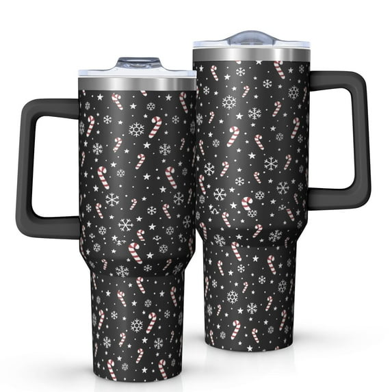Black Christmas Candy Cane and Snowflake Pattern Tumbler with Handle and Lid,40oz Double Wall Vacuum Insulated Tumbler,Cups Gift for Women and Men
