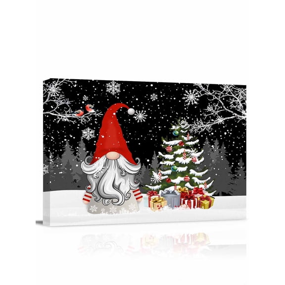 Black Christmas Canvas Print Wall Art Framed Canvas Art Wall Decor Dwarf Present Tree Bird Snowflake Winter Pictures Painting Morden Artwork for Living Room Bedroom, Ready to Hang - 12"x16"