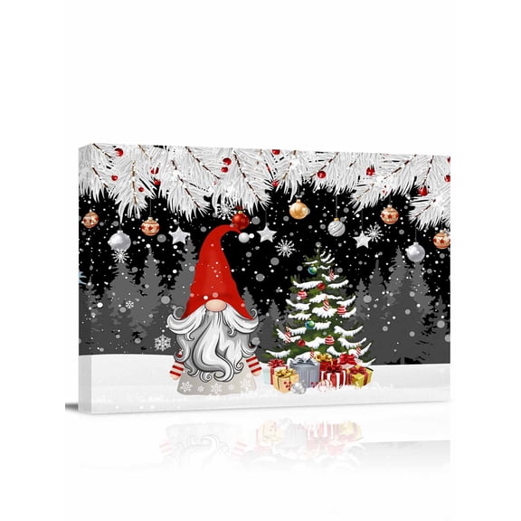 Black Christmas Canvas Print Wall Art Framed Canvas Art Wall Decor Dwarf Present Xmas Ball Snowflake Winter Pictures Painting Morden Artwork for Living Room Bedroom, Ready to Hang - 12"x16"
