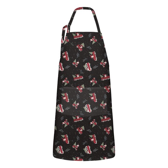 Black Christmas Car and Santa Apron-Garden Aprons for Women with Pockets-Cotton Linen Waterproof Kitchen Cooking Gardening Aprons Adjustable for Kitchen,Cooking,BBQ and Salon 32"x27"