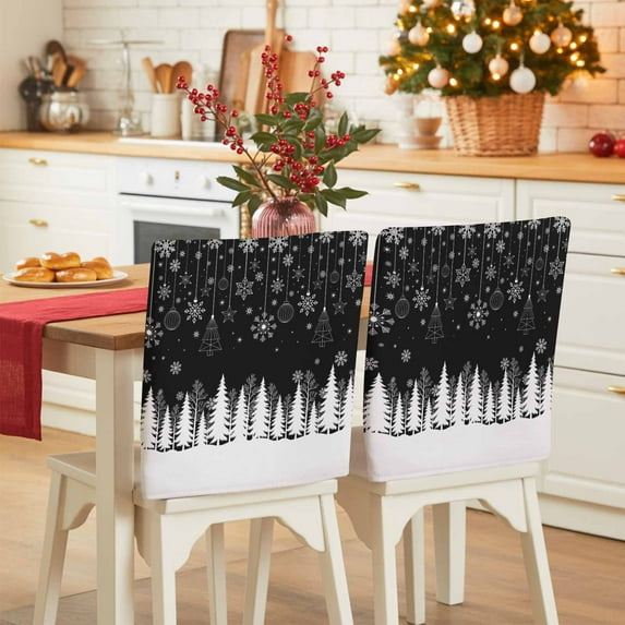Black Christmas Chair Covers Set of 1 Christmas Trees Snowflakes Snowy Winter Chair Back Covers Stretch Removable Washable Slipcovers Protector for Dining Room Kitchen Party Decor