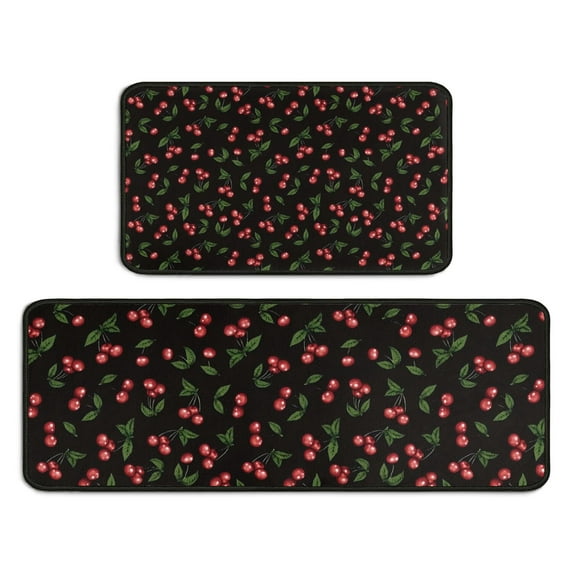 Black Christmas Cherry Pattern Kitchen Rugs Sets Of 2,Anti Fatigue Kitchen Mat Rugs Non Slip Washable,Decorative Kitchen Floor Mats for Kitchen,Sink,Laundry,17"X30"+17"X47"