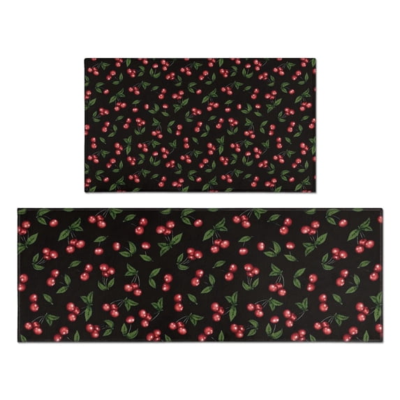 Black Christmas Cherry Pattern Kitchen Rugs Sets Of 2,Anti Fatigue Kitchen Mat Rugs Non Slip Washable,Decorative Kitchen Floor Mats for Kitchen,Sink,Laundry,17"x30"+17"x47"