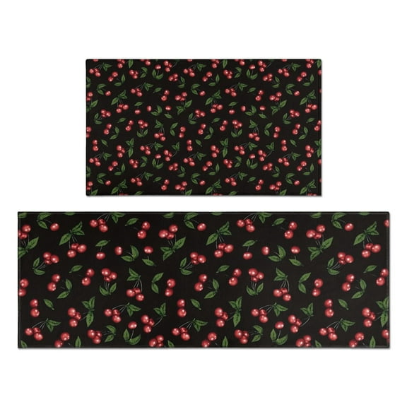 Black Christmas Cherry Pattern Kitchen Rugs Sets Of 2,Anti Fatigue Kitchen Mat Rugs Non Slip Washable,Decorative Kitchen Floor Mats for Kitchen,Sink,Laundry,17"x30"+17"x47"