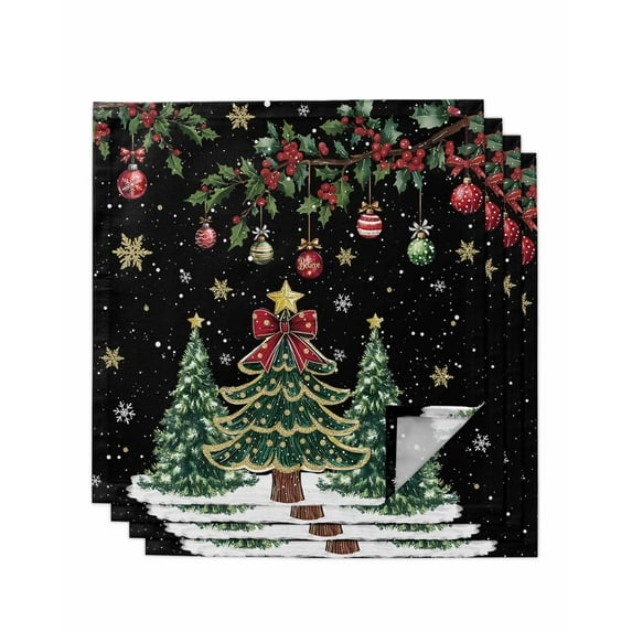 Black Christmas Cloth Napkins Set of 4 Reusable Dinner Napkins, Xmas Christmas Tree Snowflake Cocktail Napkin Washable Table Napkins for Wedding/Holiday Party/Baby Shower 20"x20"