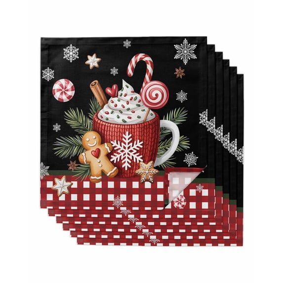Black Christmas Cloth Napkins Set of 6 Reusable Dinner Napkins, Ice Cream Snowflakes Pine Needles Check Cocktail Napkin Washable Table Napkins for Wedding/Holiday Party/Baby Shower 20"x20"