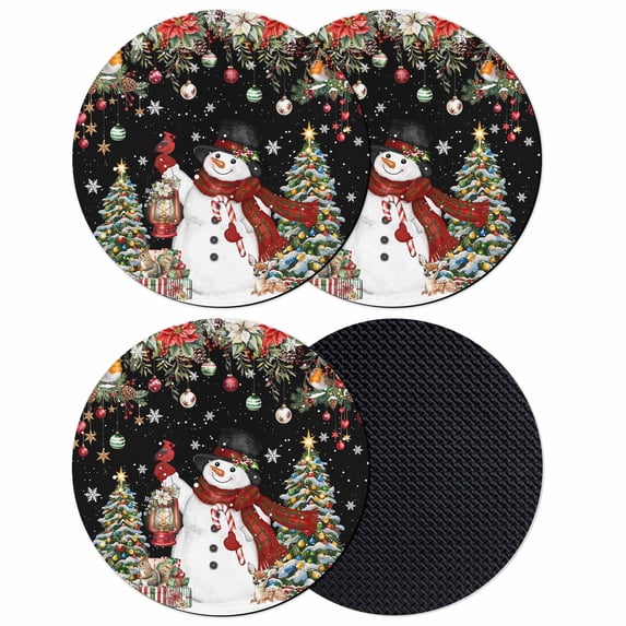 Black Christmas Coasters Set of 4, Absorbent Coasters for Drinks, Snowman Xmas Tree Ball Snowflake Winter Coaster for Desk Coffee Table Protection, Home Decor House Warming Gifts 4"