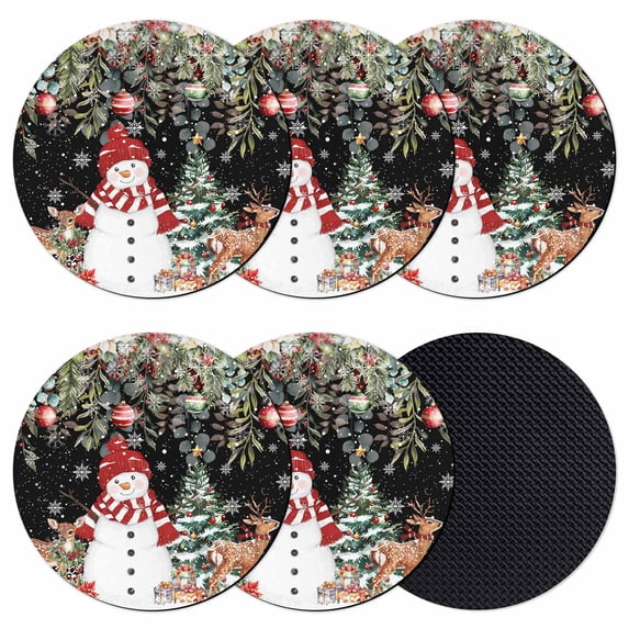 Black Christmas Coasters Set of 6, Absorbent Coasters for Drinks, Snowman Xmas Tree Poinsettia Eucalyptus Coaster for Desk Coffee Table Protection, Home Decor House Warming Gifts 4"