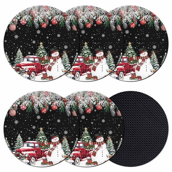 Black Christmas Coasters Set of 6, Absorbent Coasters for Drinks, Snowman Xmas Truck Balls Tree Coaster for Desk Coffee Table Protection, Home Decor House Warming Gifts 4"