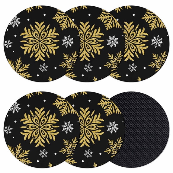 Black Christmas Coasters Set of 6, Absorbent Coasters for Drinks, Winter Xmas Snowflakes Textured Coaster for Desk Coffee Table Protection, Home Decor House Warming Gifts 4"