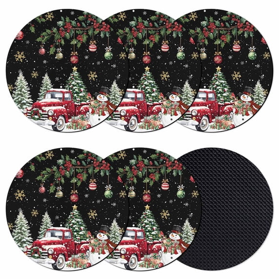 Black Christmas Coasters Set of 6, Absorbent Coasters for Drinks, Xmas Snowman Truck Snowflake Tree Balls Coaster for Desk Coffee Table Protection, Home Decor House Warming Gifts 4"