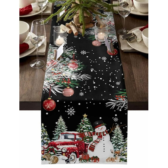 Black Christmas Cotton Linen Table Runner for Dining Kitchen, Snowman Xmas Truck Balls Tree Wedding Outdoor Party Tablerunners Decoration, Dresser Scarf Coffee Tablecloth Runners 13x48 Inches