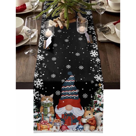 Black Christmas Cotton Linen Table Runner for Dining Kitchen, Winter Gnomes Cat Pine Trees Snowflakes Wedding Outdoor Party Tablerunners Decoration, Dresser Scarf Coffee Tablecloth Runners 13"x36"