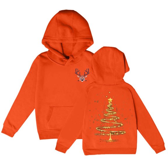 Black Christmas Deer Tree Print Hoodie for Girls, Soft Long Sleeve Pullover Top with Front Pocket and Back Glowing Tree