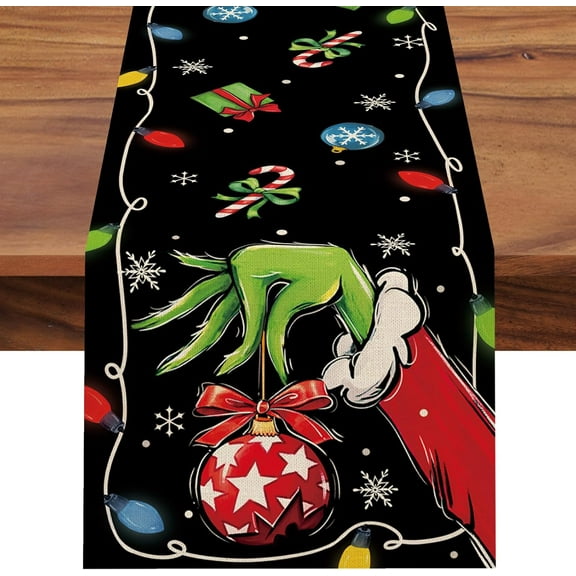 Black Christmas Dining Table Runner, Funny Xmas Gift Ball Candy Cane Snowflake Burlap Kitchen Decor, Winter Holiday Home Decoration Indoor Outdoor Party Supply 13 x 36 Inches