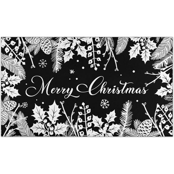Black Christmas Doormat Outdoor Entrance Non-Slip Holly Pine Branches Pinecones Front Door Mat Merry Xmas Decor Washable Winter Welcome Doormat 17"x30" Christmas Decorations for Home Indoor Outdoor