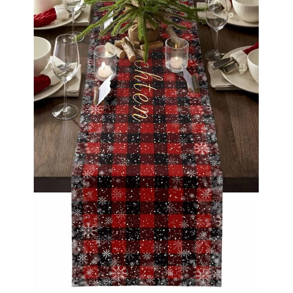 Black Christmas Dresser Scarf Farmhouse, Dining Table Decorations for Wedding/Parties, Red Plaid Xmas Snowflake Winter Table Runner 120 Inches Long for Kitchen Dining, 13 x 120 In
