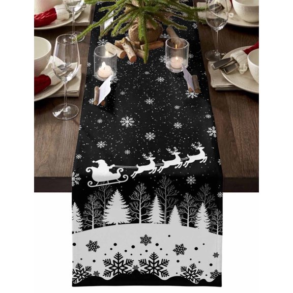 Black Christmas Dresser Scarf Farmhouse, Dining Table Decorations for Wedding/Parties, Xmas Elk Tree Snowflake Table Runner 36 Inches Long for Kitchen Dining, 13 x 36 In