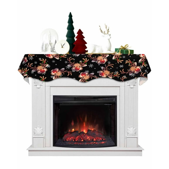 Black Christmas Elk Fireplace Mantel Scarf Table Runner, Xmas Snowflake Botanical Winter Garland Mantel Top Tablerunners Dresser Scarves Cover Decorations for Windows Party Living Room 70''x17''