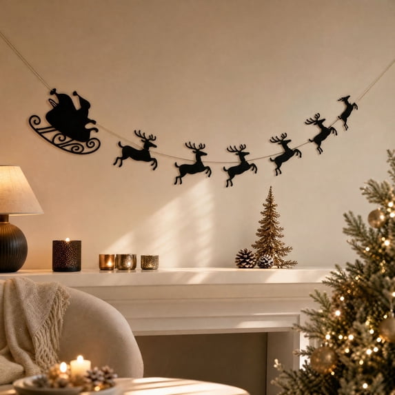 Black Christmas Felt Hanging Banner,Traditional Sleigh Reindeer Garland,Polyester Festive String Decor For Wall Fireplace Door Party Home Holiday Decor