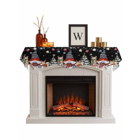 Black Christmas Fireplace Mantle Scarf, Gnomes Poinsettia Ball Pine Tree Leaves Mantel Cover Table Runner for Home Living Room Door Window, Indoor Outdoor Holiday Party Decor 17" x 60"