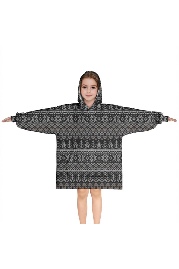 Black Christmas Folk Pattern Blanket Hoodies for Kids 6-13YR Oversize Wearable Blanket Hoodies for Boys Girls Teens