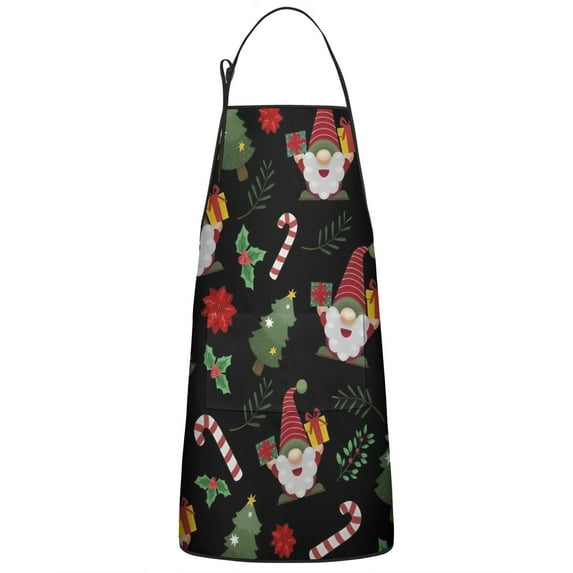Black Christmas Gnome and Gift Pattern Apron-Garden Aprons for Women with Pockets-Cotton Linen Waterproof Kitchen Cooking Gardening Aprons Adjustable for Kitchen,Cooking,BBQ and Salon 33"x27"