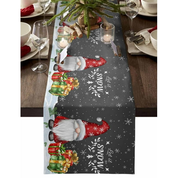 Black Christmas Gnomes Dresser Scarf Farmhouse, Dining Table Decorations for Wedding/Parties, Xmas Tree Balls Snowflake Table Runner 72 Inches Long for Kitchen Dining, 18 x 72 In