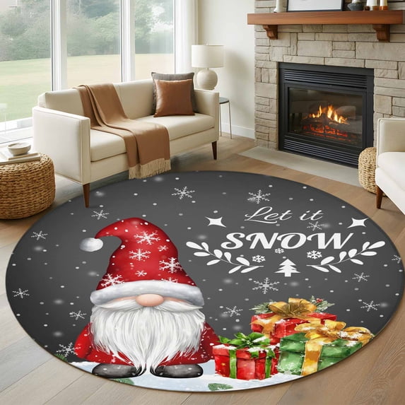 Black Christmas Gnomes Round Area Rug 5Ft Washable Circle Rugs for Living Room Bedroom, Xmas Tree Balls Snowflake Non-Slip Carpet Floor Mats Indoor Outdoor Carpet Runner Aesthetic Home Decor