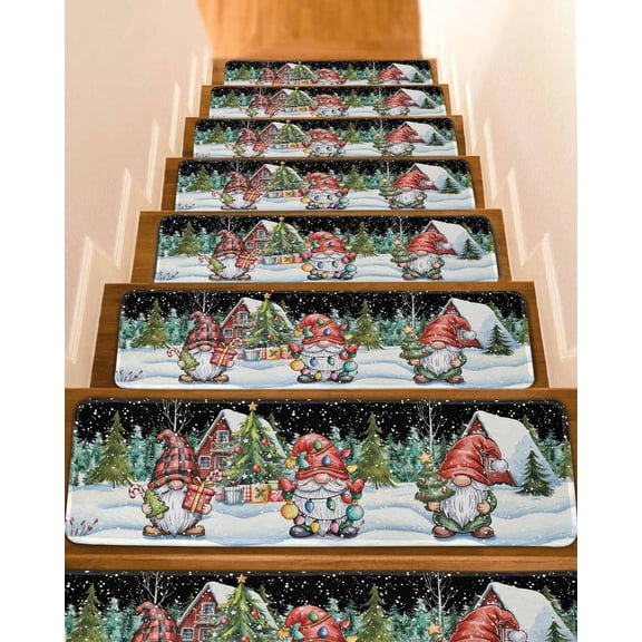 Black Christmas Gnomes Stair Treads for Wooden Steps Indoor Runner Rug Carpet, Xmas Winter Forest Pine Tree 4 Pieces Peel and Stick Staircase Step Treads Covers Washable Throw Door Mats, 30"x8"