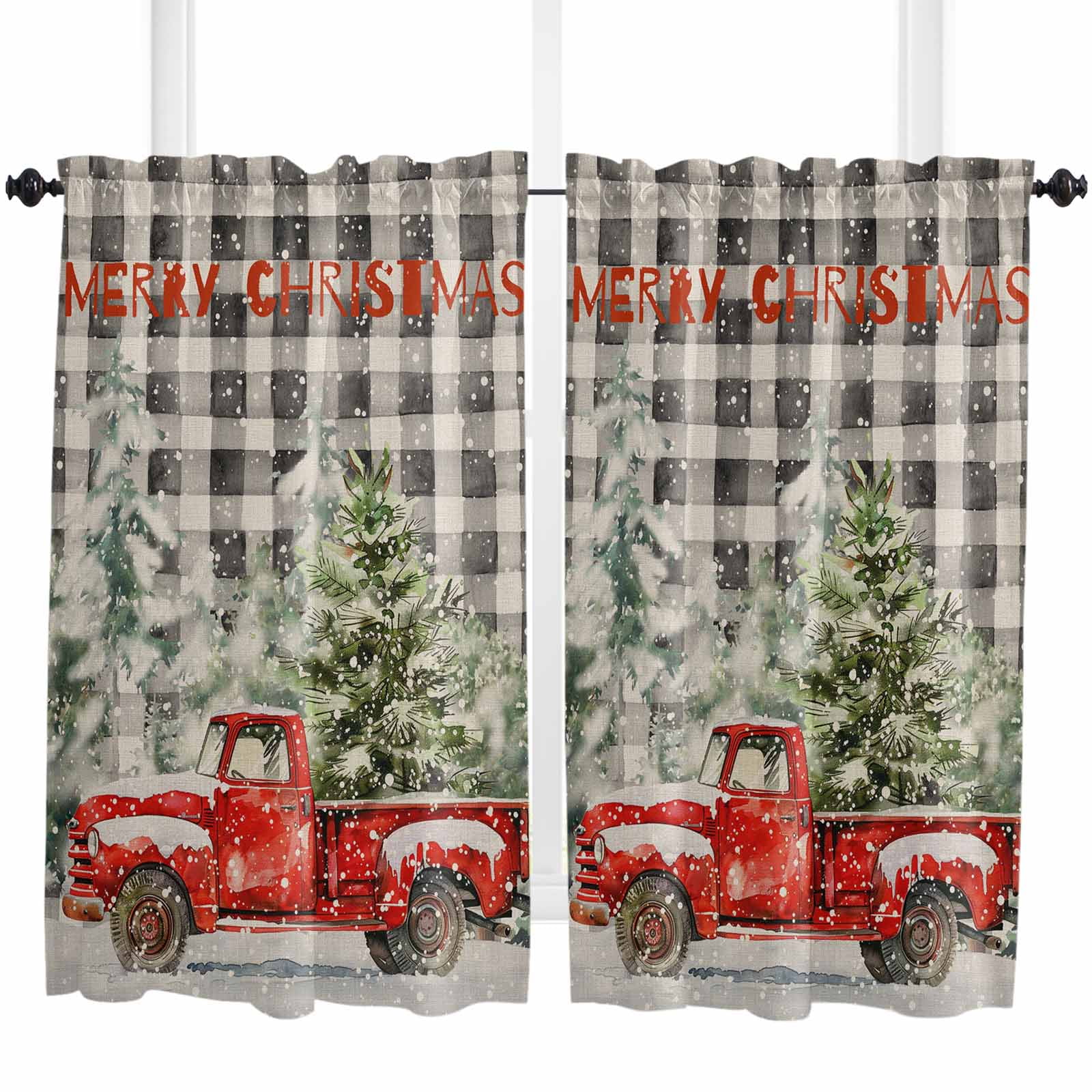 Black Christmas Kitchen Curtain 2 Panels Curtains 54 Inch Length, Red