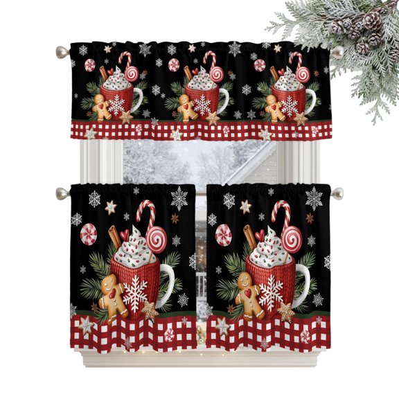 Black Christmas Kitchen Curtains Sets 24 Inch Length Tier Curtain, Ice Cream Snowflakes Pine Needles Check Rod Pocket Window Treatments, Window Valance Curtains for Bathroom/Bedroom/Cafe 3 Panels