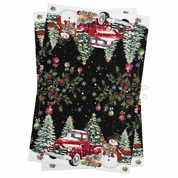 Black Christmas Kitchen Towels Set of 2, Water Absorbent Dish Towel, Xmas Snowman Truck Snowflake Tree Balls Decorative Hand Towels - Quick Drying Cloth for Cooking Baking, 18x28 Inch