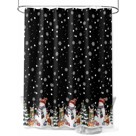 Black Christmas Long Shower Curtain Set, Waterproof Shower Curtains for Bathroom, Winter Snowman Animals Snowy Pine Tree Washable Fabric Cloth Bath Curtain for Bathtub with Hooks 72x84 Inches