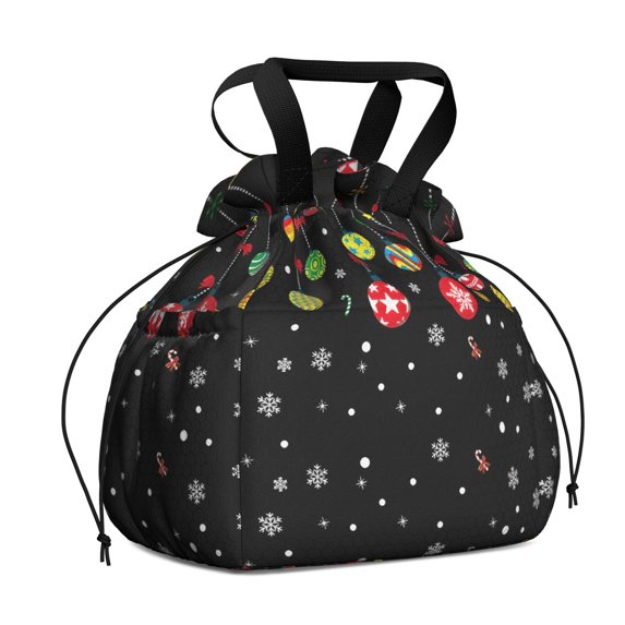 Black Christmas Ornament Pattern Drawstring Lunch Bag Women - Drawstring Lunch Bag Insulated for Work Office - Stain-Resistant Large Lunchbags for Women with Multi-Pockets