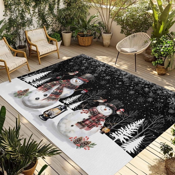 Black Christmas Outdoor Rug for Patio/Deck/Porch, Non-Slip Large Area Rug 6 x 9 Ft, Snowman Snowflake Winter Birds Indoor Outdoor Rugs Washable Area Rugs, Reversible Camping Rug Carpet Runner