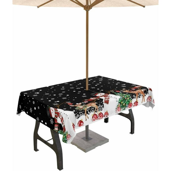 Black Christmas Outdoor Tablecloth - 60x120 Inch Rectangle Dining Table Cover, Xmas Tree Snowflake Elk Balls Waterproof Outdoor Table Cloth with Umbrella Hole & Zipper for Picnic/Patio