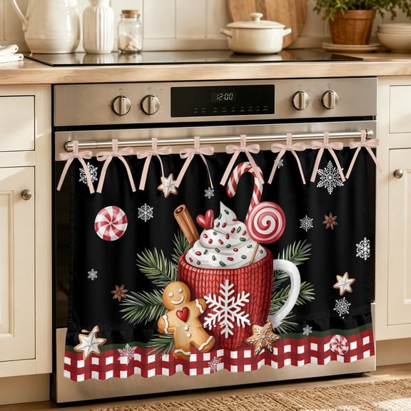 Black Christmas Oven Skirt Curtain, Ice Cream Snowflakes Pine Needles Check Oven Curtain for Kitchen Decor, Tie Top Kitchen Curtains for Ovens Door Stove Dishwasher Cabinet Windows, 27" x 20"