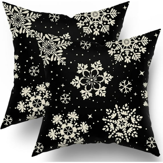 Black Christmas Pillow Covers 20x20 Set of 2 Xmas Snowflakes Snow Holiday Decoration Print Decorative Outdoor Pillowcases Seasonal Winter Gift Farmhouse Throw Cushion Case Decor for Couch Sofa Bed
