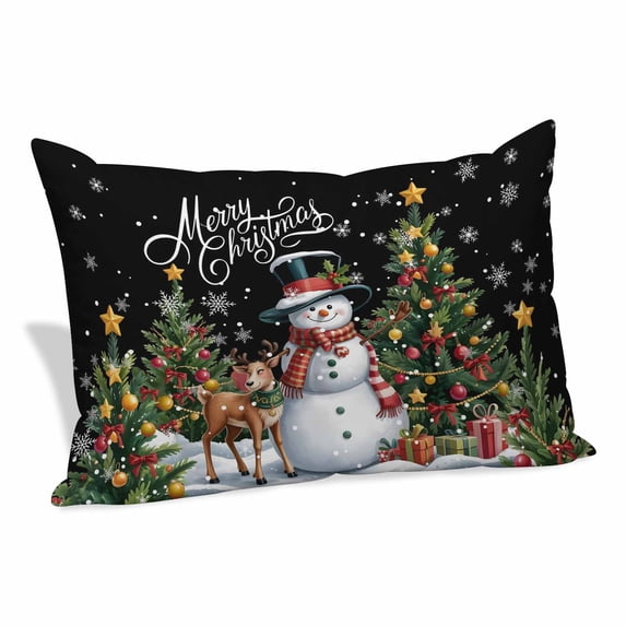 Black Christmas Pillow Covers, Linen Long Throw Pillow Case, Snowman Xmas Tree Snowflake Gifts Elk Holiday Pillow Protector Decorative Cushion Cover for Living Room/Bedroom 16" x 24"